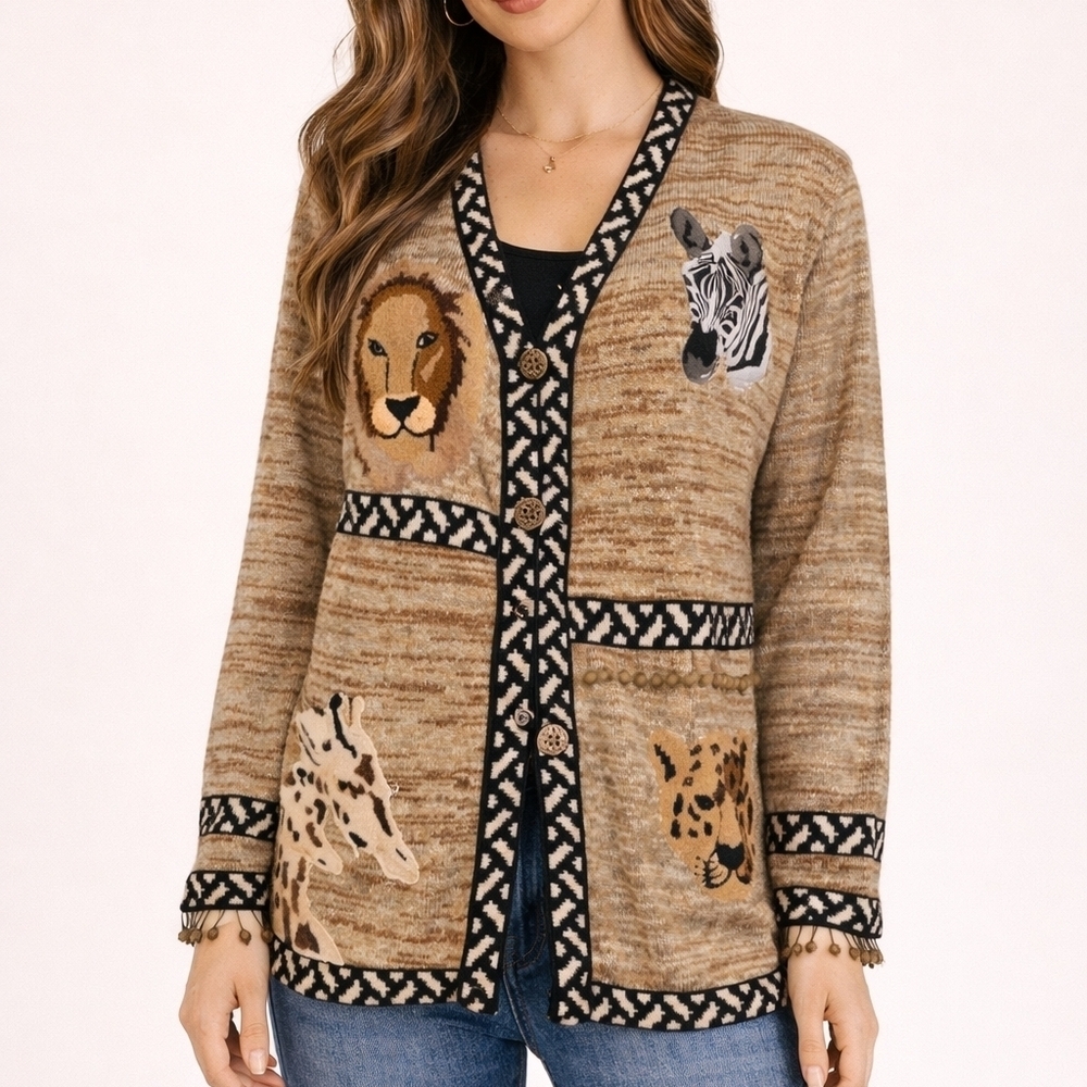 VTG STORYBOOK KNITS 1980s African Tribal Animal Print Marled Cardigan Sweater
